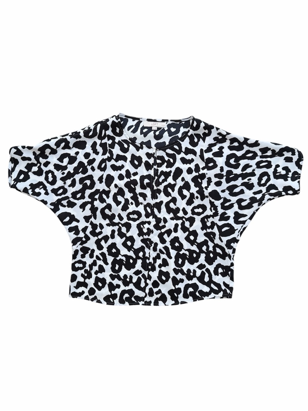 LOFT Petites Black & White Georgette Leopard Print Dolman Popover Blouse, SP